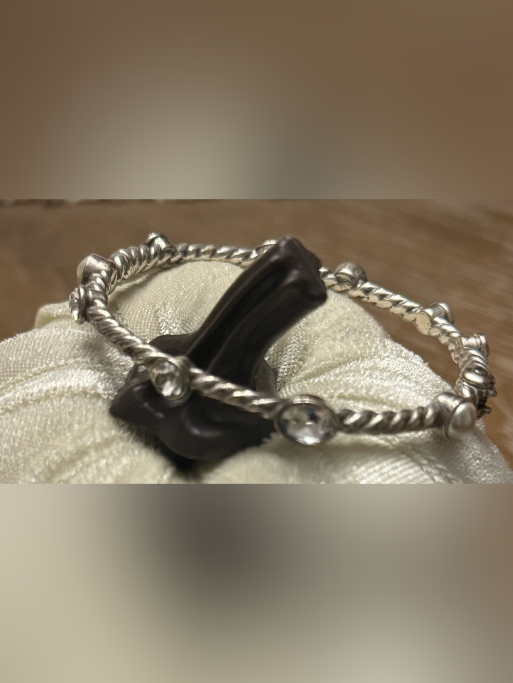 Brighton Silver-Tone Twisted Bangle with Clear and Pearl Stones
